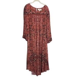 Nurture by Westbound Womens Maxi Dress 2X Rust Boho Paisley Print Long Sleeve